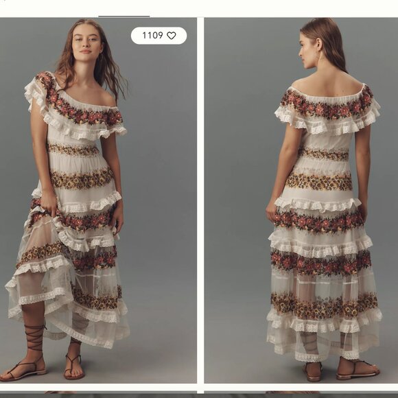 Anthropologie Dresses & Skirts - NWT By Anthropologie Ruffle-Sleeve V-Neck Embroidered Tulle Tiered Maxi Dress